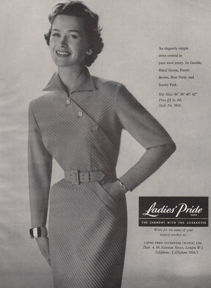 Ladies' Pride. Pure wool jersey dress. Fashion advert 1955 old vintage print
